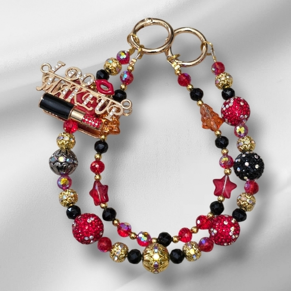 Charmed By SLG Accessories - “I Do Makeup” Glam Bag Charm | Red & Gold Beaded Accessory